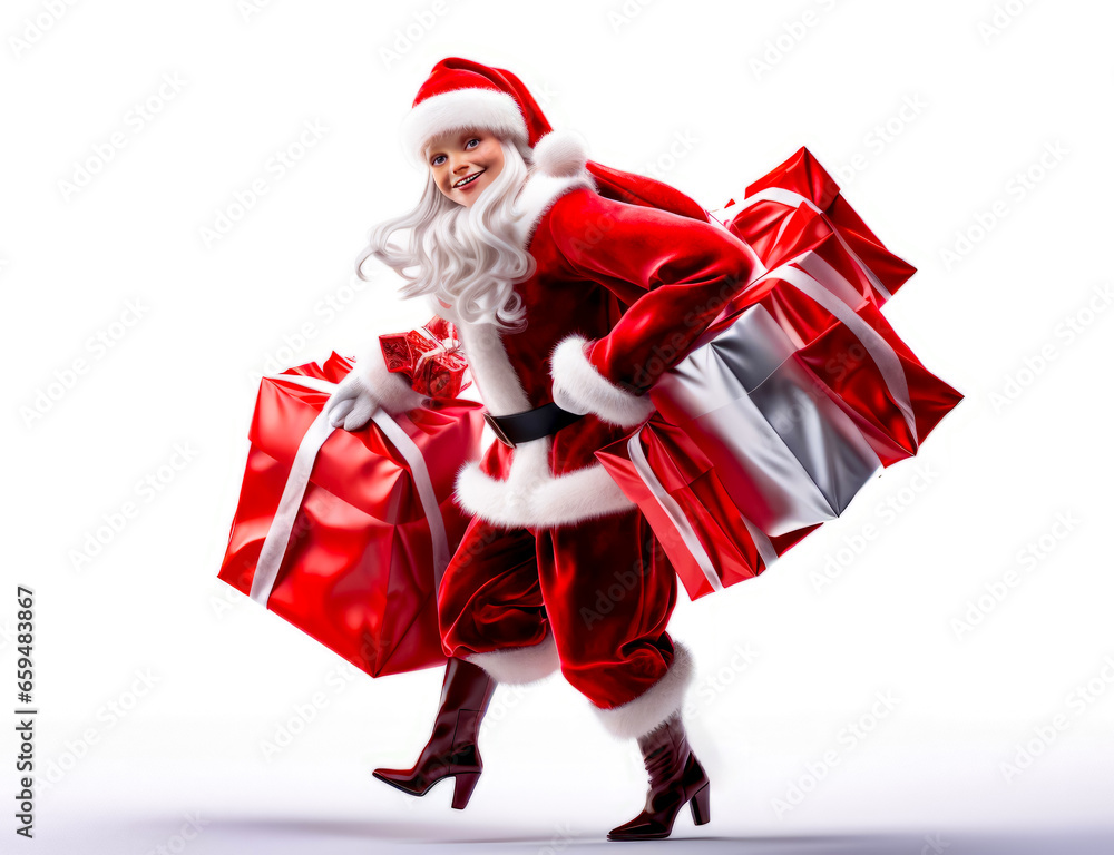 Man dressed as santa claus carrying large bag of christmas presents on his back. Man dressed as santa claus carrying large bag of christmas presents on his back.
