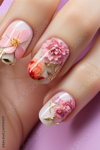 Woman's fingernails with  floral nail art design