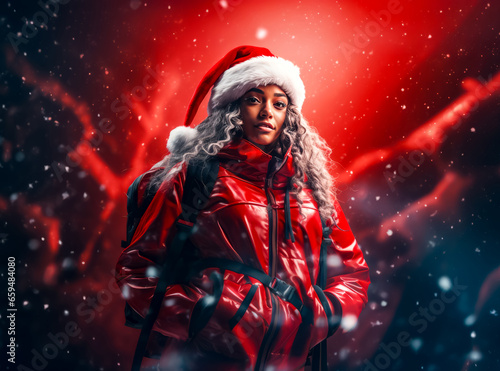 Woman in red jacket and santa hat standing in front of red background.