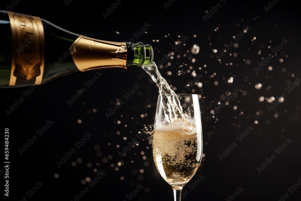 Fototapeta premium Close up of a popping champagne with golden bubbles bottle pour in champagne glass. Generative Ai