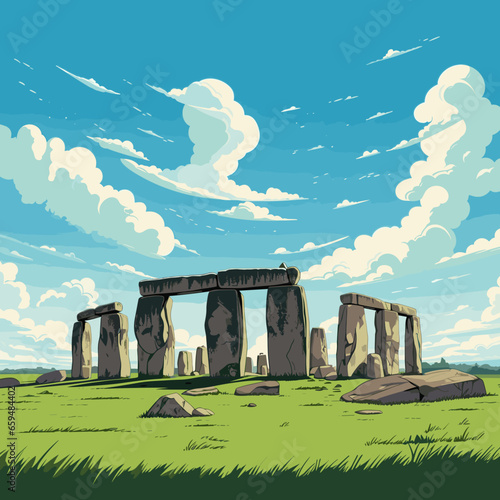 simple flat 2D illustration, simple colors, hand drawn, stonehenge. Very famous ancient. must-see monument is a powerful testament to human ingenuity, imagination and creativity. Prehistorical site. U