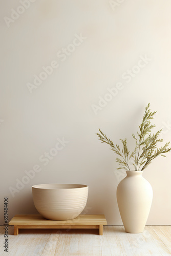 realistic  clean  photo of a frame  bowl  plant  vase  and a basket  in the style of white and beige