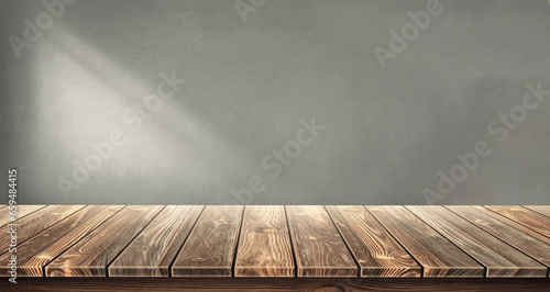 Empty wooden table against a gray wall background. High quality photo