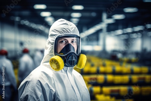 worker wearing PPE protective clothing and gas masks in chemical industry