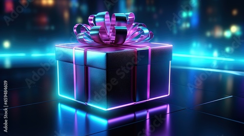  a lit up gift box with a purple ribbon on it.  generative ai © Shanti