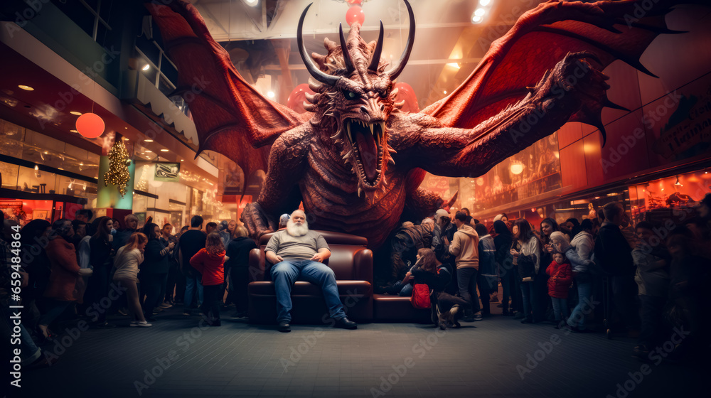 Man sitting on chair in front of giant dragon statue in mall.