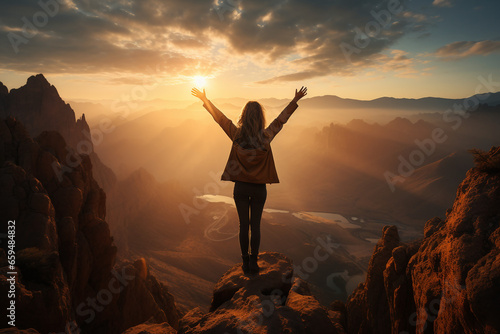 Triumphant Woman Embracing Success at Sunrise on Mountain Top