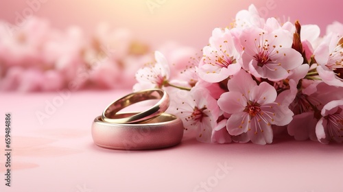  a couple of wedding rings sitting on top of a pink flower.  generative ai © Shanti