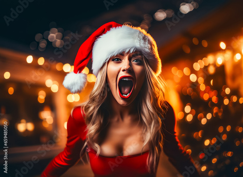 Woman wearing santa claus hat with her mouth open and tongue out.
