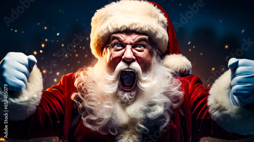 Man in santa suit with his mouth open and his mouth wide open. photo