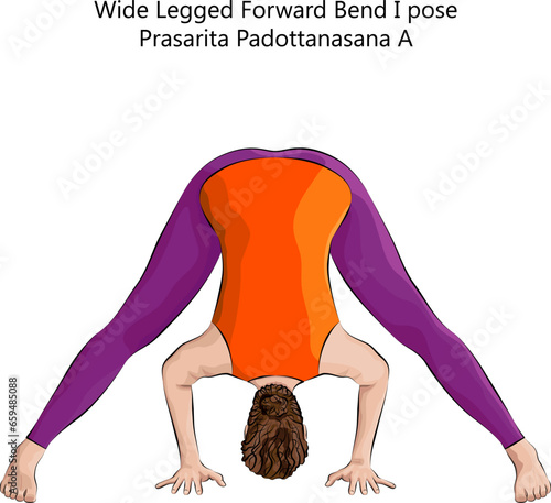 Young woman doing yoga Prasarita Padottanasana A. Wide Legged Forward Bend pose. Intermediate Difficulty. Isolated vector illustration.