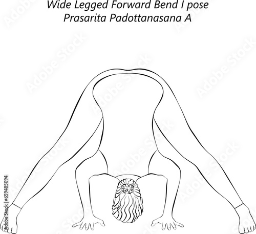 Sketch of young woman doing yoga Prasarita Padottanasana A. Wide Legged Forward Bend pose. Intermediate Difficulty. Isolated vector illustration.