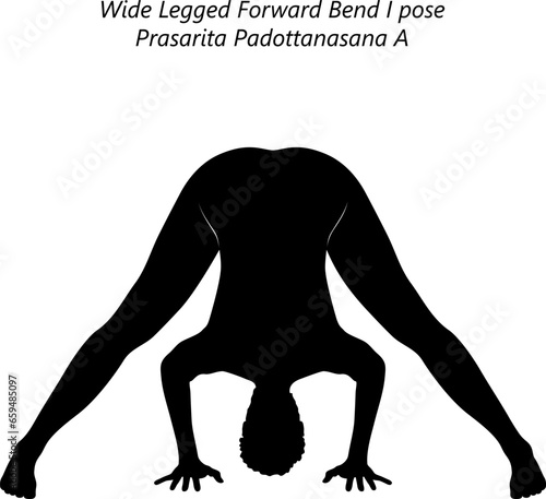 Silhouette of woman doing yoga Prasarita Padottanasana A. Wide Legged Forward Bend pose. Intermediate Difficulty. Isolated vector illustration.