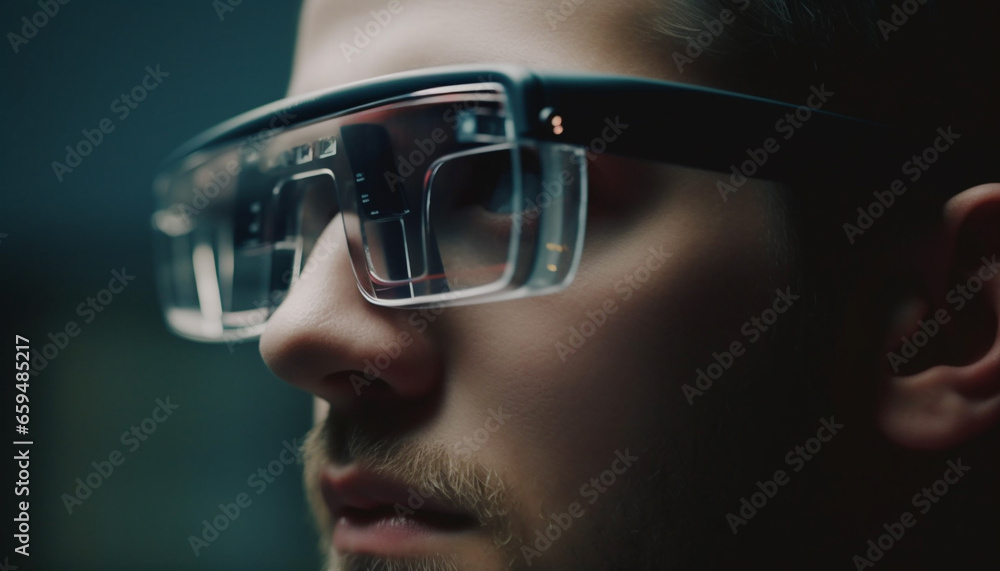 Futuristic eyewear protects eyesight while watching virtual reality movies indoors generated by AI Futuristic eyewear protects eyesight while watching virtual reality movies indoors generated by AI