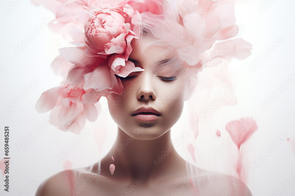 double exposure style beauty shot of a beautiful woman on a white background and a pink peony flower