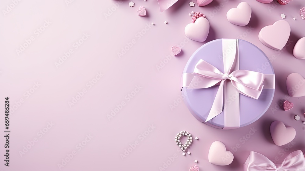  a purple box with a bow and hearts on a pink background.  generative ai