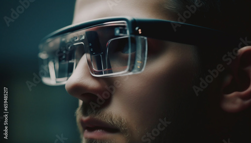 Futuristic eyewear protects eyesight while watching virtual reality movies indoors generated by AI