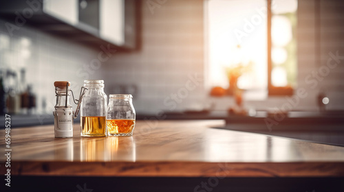 Looking at kitchen from countertop, blur background and copy space 