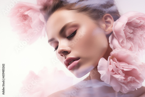 double exposure style beauty shot of a beautiful woman on a white background and a pink peony flower