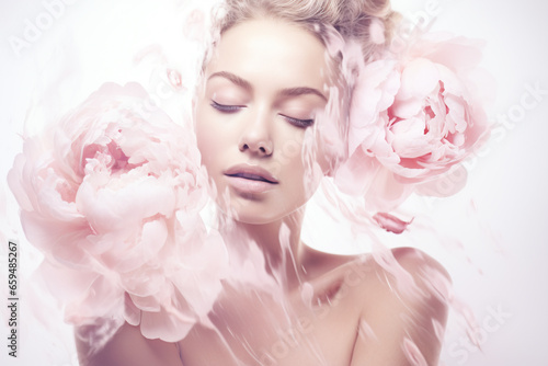 double exposure style beauty shot of a beautiful woman on a white background and a pink peony flower © World of AI