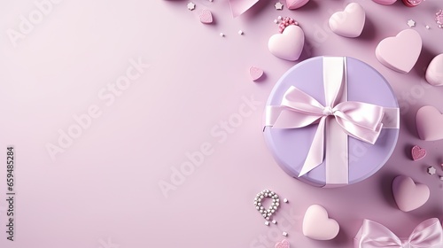  a purple box with a bow and hearts on a pink background. generative ai