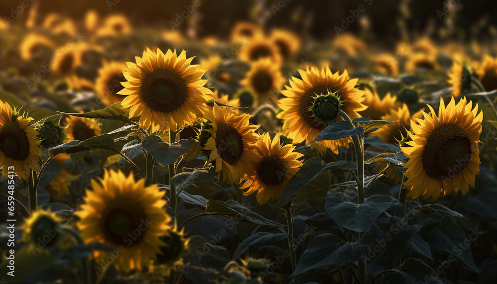 Fototapeta premium Vibrant sunflower meadow, organic growth in nature idyllic landscape generated by AI