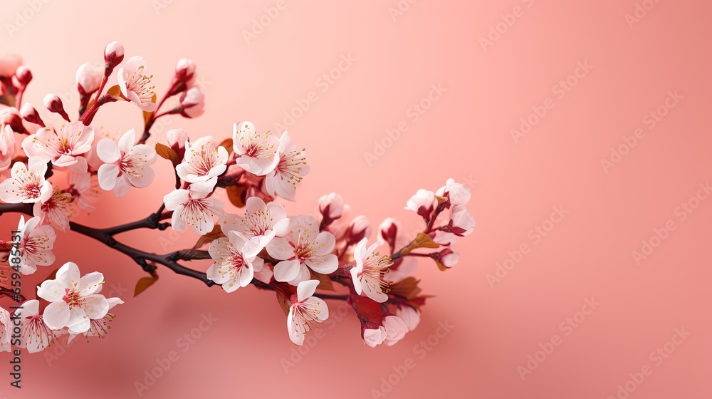  a branch of a cherry tree with white flowers on a pink background.  generative ai