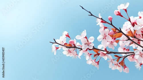  a branch of a tree with pink flowers on it against a blue sky. generative ai