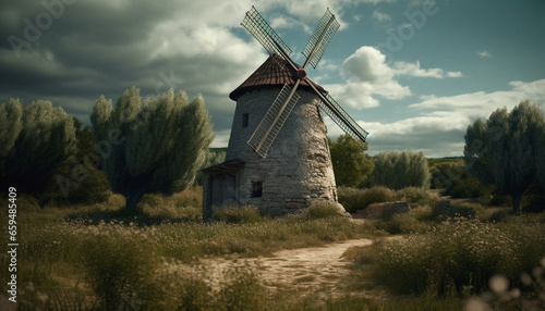 Rustic windmill generates power in idyllic rural landscape at sunset generated by AI