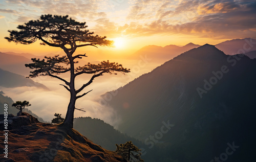 Alone tree at sunrise silhouette landscape high in the mountains © Feathering Flower
