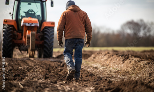A man and agricultural tractor on the field, ready to plow the field.