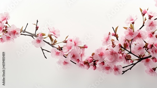  a branch with pink flowers on it against a white background. generative ai