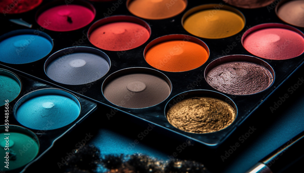 Vibrant eyeshadow set in a container, arranged in a circle generated by AI Vibrant eyeshadow set in a container, arranged in a circle generated by AI