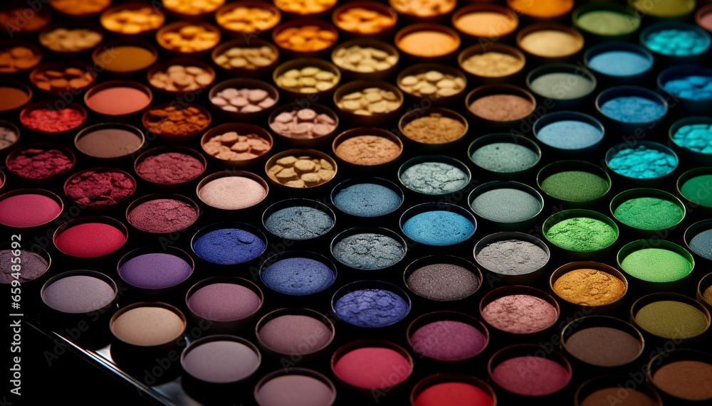 Vibrant eyeshadow palette set in a large circle arrangement generated by AI Vibrant eyeshadow palette set in a large circle arrangement generated by AI