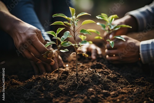 Four people planting a green plant near a tree