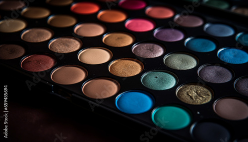 Vibrant colors in a large eyeshadow palette for glamorous women generated by AI
