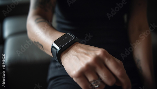 Modern businessman holding smart watch, focusing on wireless technology indoors generated by AI