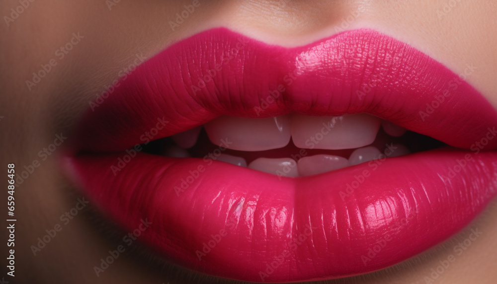 Fototapeta premium Beautiful woman lips shine with vibrant pink lipstick sensuality generated by AI