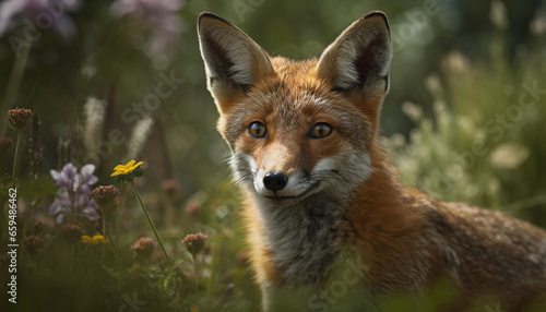 Cute young fox in natural beauty, alert and looking at camera generated by AI © djvstock