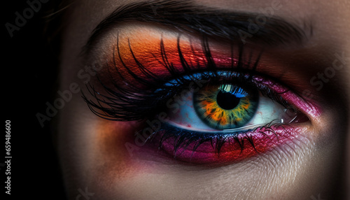 Beautiful young woman staring with vibrant purple eye make up generated by AI