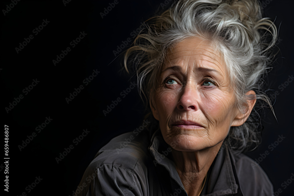 An elderly woman with signs of sadness on her wrinkled face , created by generative AI technology - obrazy, fototapety, plakaty 