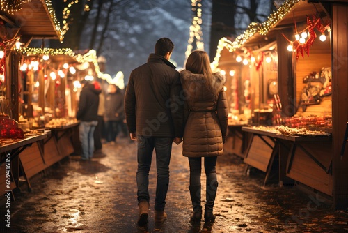 A couple walks along the street decorated with New Year's illumination on Christmas weekend. Generative AI.