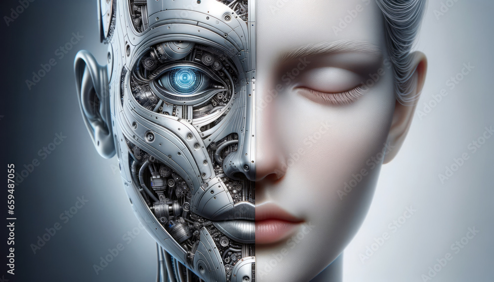 serene human face on the left merging seamlessly into a detailed metallic robot face on the right