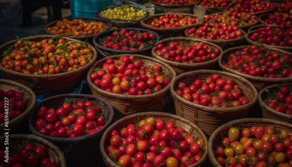 Abundance of fresh organic vegetables and ripe berry fruits in basket generated by AI Abundance of fresh organic vegetables and ripe berry fruits in basket generated by AI