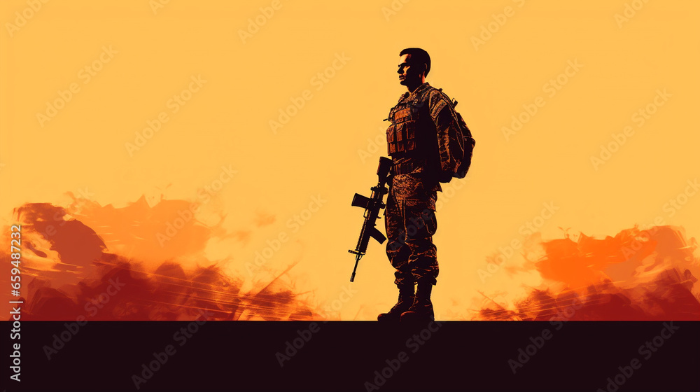 silhouette of a soldier in the sunset, holding a rifle ready to defense the country 