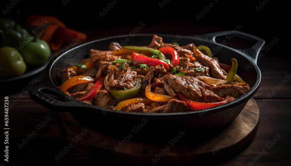 Grilled beef and pork with fresh vegetables, homemade sauce, rustic table generated by AI