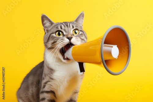 cute cat animal with megaphone on yellow background