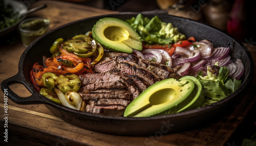 Grilled sirloin steak with fresh vegetables and avocado on plate generated by AI