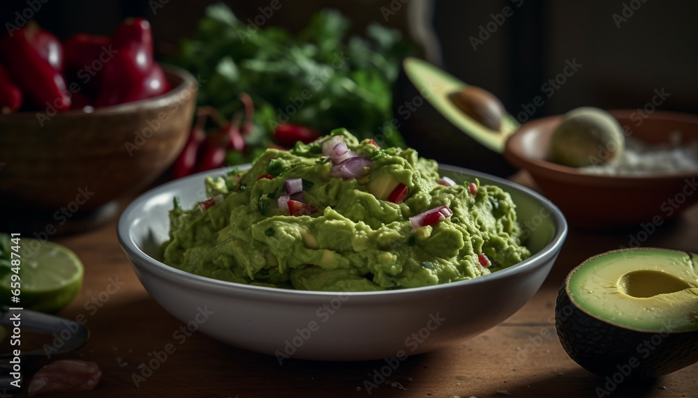 Fresh guacamole salad with organic vegetables on rustic wooden plate generated by AI Fresh guacamole salad with organic vegetables on rustic wooden plate generated by AI