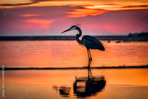 Heron silhouetted against a fiery sunset sky